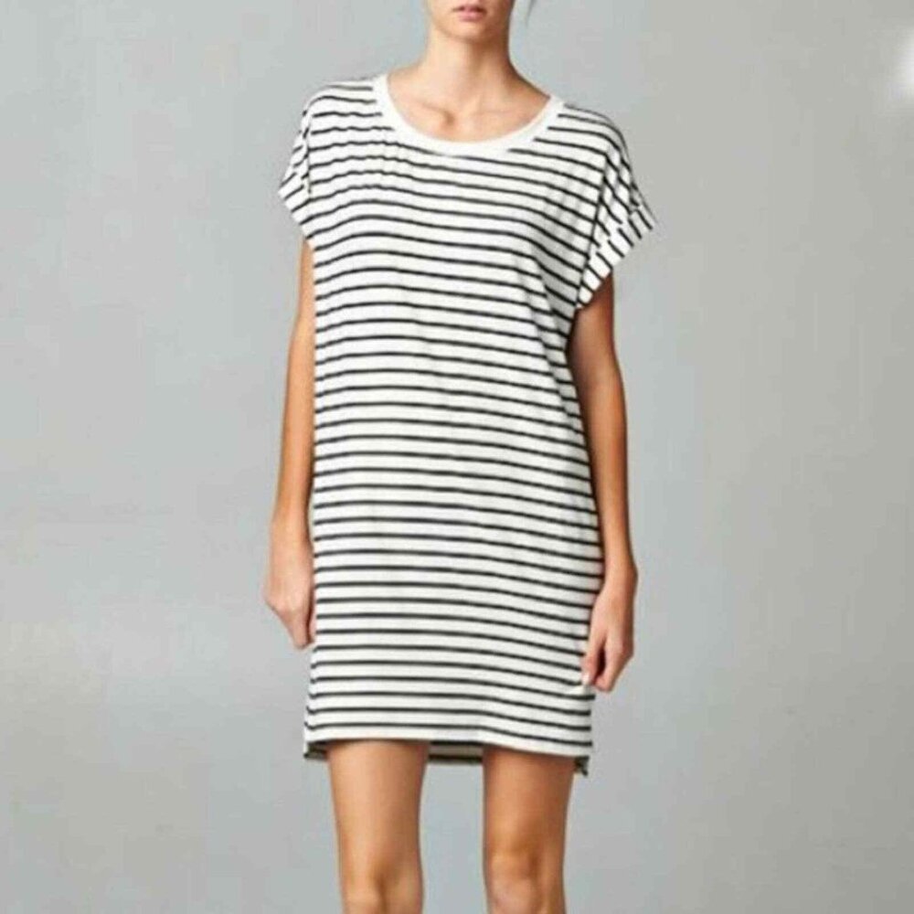 Ellison Striped T-Shirt Dress Crew Neck Short Sleeve Rolled Cuff Black White S